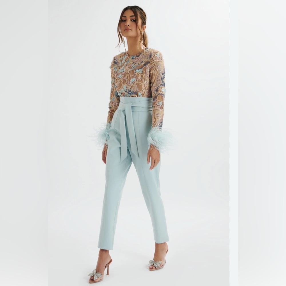 Lavish Alice Blue Cream Lace and Feather Jumpsuit
